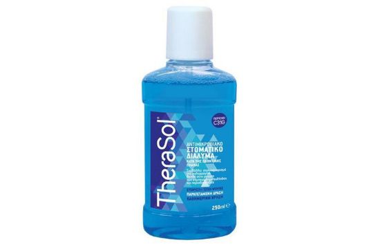 Εικόνα της THERASOL SOLUTION 250ML   Therasol Μπλε Αντιμικροβιακό Στοματικό Διάλυμα με γεύση Μέντας, 250 ml