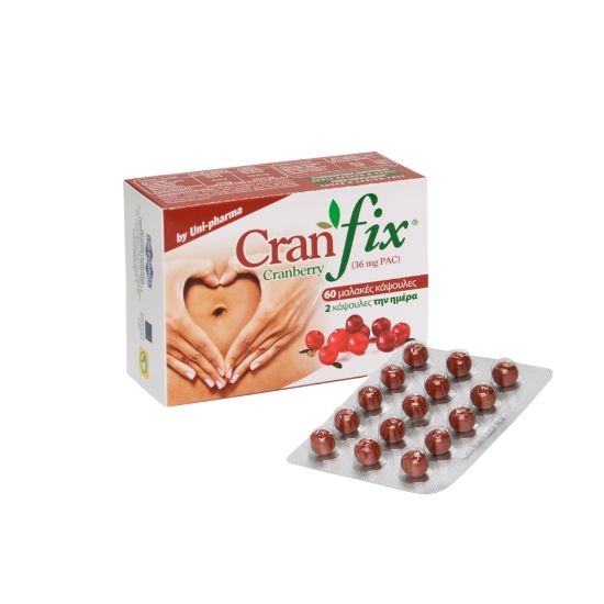 Εικόνα της UNI-PHARMA CRAN-FIX 36MG 60 CAPS. - ΣΥΜΠΛΗΡΩΜΑ ΔΙΑΤΡΟΦΗΣ ΓΙΑ ΑΝΤΙΜΕΤΩΠΙΣΗ ΟΥΡΟΛΟΙΜΩΞΗΣ & ΤΟΝΩΣΗ ΤΟΥ ΑΝΟΣΟΠΟΙΗΤΙΚΟΥ ΣΥΣΤΗΜΑΤΟΣ ΜΕ ΕΚΧΥΛΙΣΜΑ CRANBERRY ME ΒΙΤΑΜΙΝΗ C, ΣΕΛΗΝΙΟ & ΨΕΥΔΑΡΓΥΡΟ, 60 SOFT CAPS.