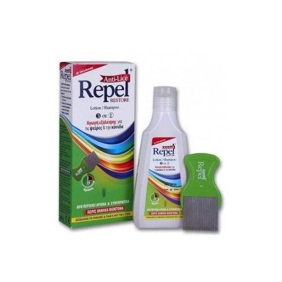 Εικόνα της REPEL ANTI-LICE RESTORE LOTION/SHAMPOO 3 IN 1 200G   Uni-Pharma Repel Anti-lice Restore Lotion/Shampoo Αγωγή Εξάλειψης για Ψείρες & Κόνιδες, 200gr