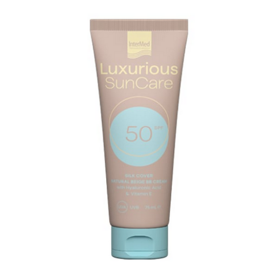 Εικόνα της INTERMED LUXURIOUS SUNCARE SILK COVER NATURAL BEIGE BB CREAM WITH HYALURONIC ACID SPF50 ΑΝΤΗΛΙΑΚΗ ΚΡΕΜΑ ΠΡΟΣΩΠΟΥ ΜΕ ΧΡΩΜΑ, 75ML