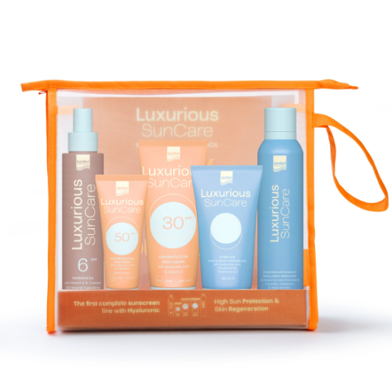 Εικόνα της INTERMED LUXURIOUS SUNCARE HIGH PROTECTION PACK ΜΕ BODY CREAM ΚΡΕΜΑ ΣΩΜΑΤΟΣ SPF30, 200ML, FACE CREAM ΚΡΕΜΑ ΠΡΟΣΩΠΟΥ SPF50, 75ML, DARK TANNING OIL SPF6, 200ML, AFTER SUN COOLING GEL, 150ML & HYDRATING ANTIOXIDANT ΕΝΥΔΑΤΙΚΟ MIST, 200ML, 1ΣΕΤ